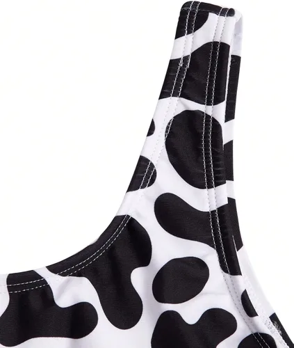 Vista 5 de WDIRARA Traje de baño de 2 piezas con estampado de vaca para niña, cuello redondo, lindo traje de baño