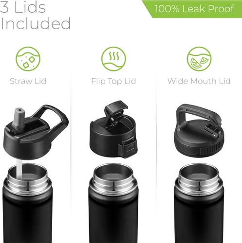 Vista 5 de SIPX™ Botella de Agua Aislada de 18 oz con 3 Tapas – Acero Inoxidable a Prueba de Fugas, Triple Aislamiento – Frío 24 Horas/Caliente 12 Horas