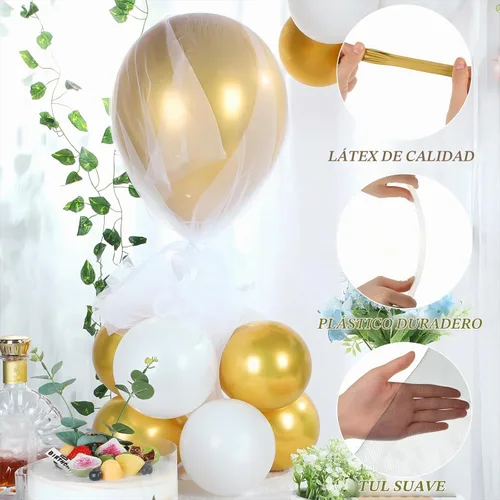 Vista 4 de BBTO Juego de 8 centros de mesa con soporte para globos, kit de 80 globos de látex y soporte de mesa con base de tul para boda, cumpleaños, baby Oro