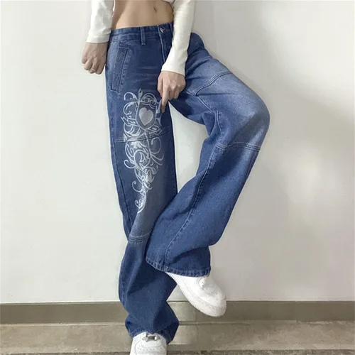 Vista 4 de Zempertoopa Pantalones de mezclilla holgados Y2K para mujer, pierna ancha, rectos, grunge, cintura alta, casual, holgados, pantalones de carga