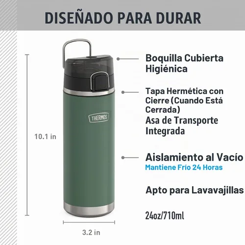 Vista 2 de THERMOS ICON SERIES, botella de agua de acero inoxidable con boquilla, 24 onzas, color verde alpino, botella de agua aislada al vacío con tapa