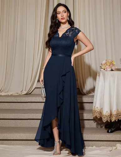 Vista 4 de Bbonlinedress Vestido de cuello en V para mujer con encaje floral alto-bajo, para invitadas de boda, graduación, cóctel, fiesta formal y dama