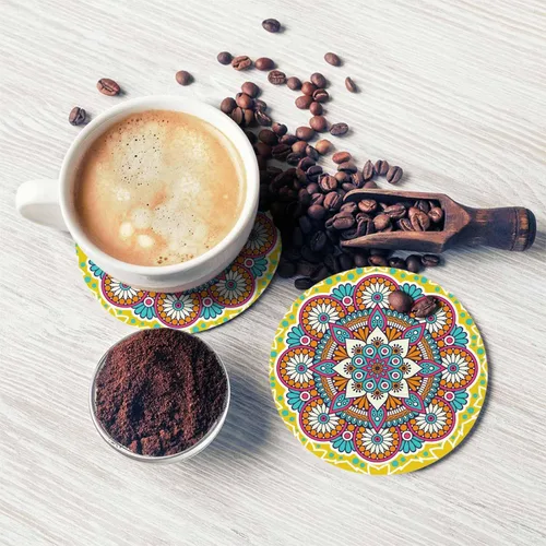 Vista 5 de Portavasos redondo con diseño de mandala de flores para el hogar, mesa de centro chino, oriental, fondo amarillo místico, adorno de asino, posavasos
