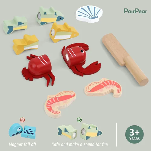 Vista 5 de PairPear Conjunto de Comida de Juguete de Madera para Cortar Mariscos - Comida de Juguete de Madera para Niños Pequeños Juego de Simulación