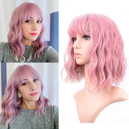 Vista 18 de VCKOVCKO - Peluca de cabello castaño claro rizada con flequillo de aire, onda natural rizada, peluca corta estilo Bob para mujer, longitud hasta