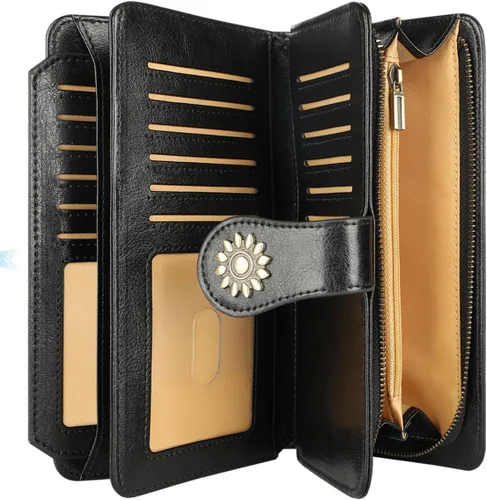 Vista 3 de Lavemi - Cartera de piel con bloqueo RFID para mujer, de gran capacidad, para llevarla a la muñeca