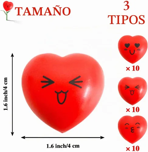 Vista 2 de 30 bolas antiestrés de corazón, mini bolas de cara sonriente de 1.5 pulgadas, juguetes de alivio del estrés en forma de corazón para niños