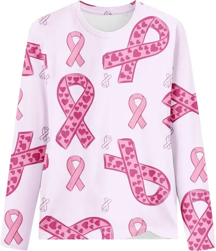 Vista 3 de ZunFeo Camisetas de manga larga con cuello redondo para mujer, con estampado de cinta rosa, para combatir el cáncer