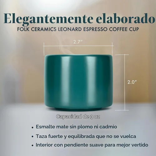 Vista 4 de Folk Ceramics Leonard - Tazas de café expreso de cerámica, color azul esmeralda, 3 onzas, juego de 2