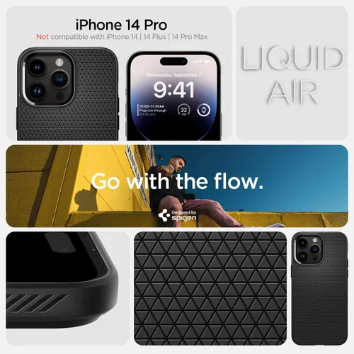 Vista 2 de Spigen Liquid Air - Funda diseñada para iPhone 14 Pro (2022) [protección de grado militar], color negro mate