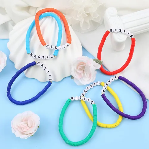 Vista 5 de Juego de pulseras Heishi Surfer de arcoíris para mujer, pulseras apilables de arcilla con cuentas de disco, pulseras elásticas de disco, pulseras