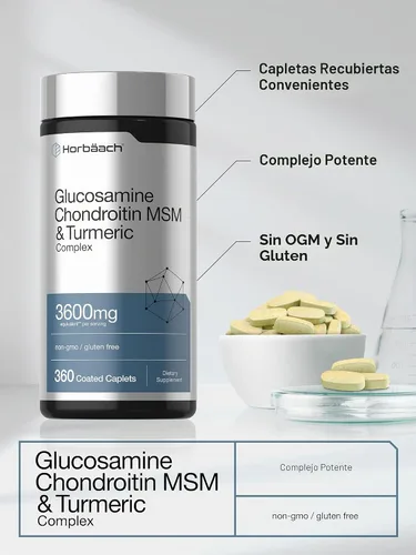 Vista 4 de Horbäach Glucosamina condroitina MSM 3600 mg 360 comprimidos Fórmula avanzada con cúrcuma Sin OMG, sin gluten Fórmula avanzada con cúrcuma