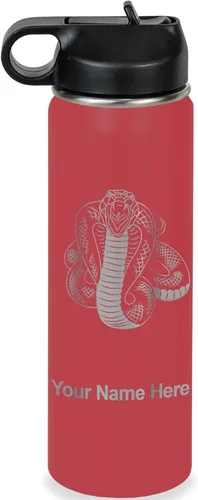 Vista 9 de LaserGram Botella de agua personalizada, serpiente de cobra, acero inoxidable de doble pared aislada al vacío con popote superior, regalo grabado
