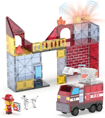 Vista 7 de MAGNA-TILES Fire Station - Juego de construcción magnética de 50 piezas, la marca original de construcción magnética