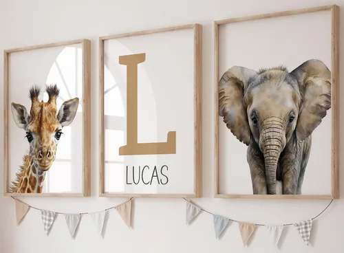 Vista 14 de Juego de 3 carteles personalizados de animales de safari para habitación de niños y niñas, sin marco, nombre personalizado, azul, verde, amarillo