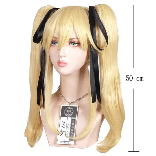 Vista 4 de Peluca larga ondulada con identificación de esclavo y cinta negra para Halloween y cosplay (rubio)