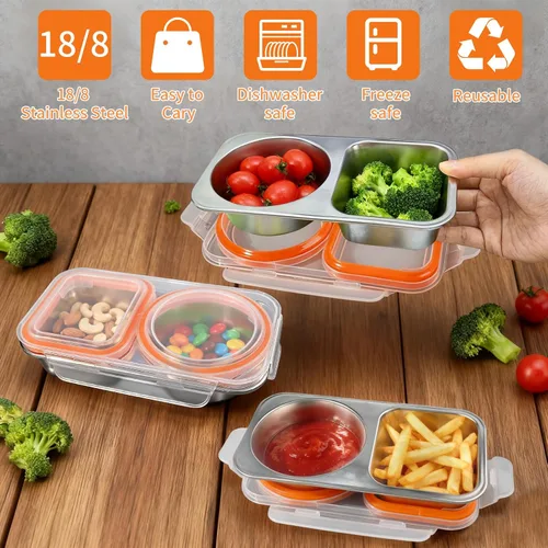 Vista 5 de Recipientes de acero inoxidable con tapa, contenedores reutilizables de 2 compartimentos para aperitivos a prueba de fugas, contenedor