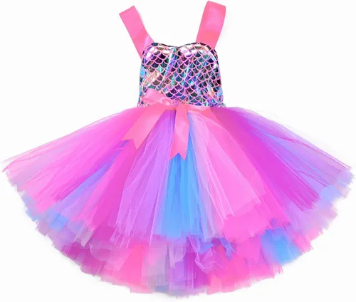Vista 6 de Tutu Dreams Summer 4 Colors Mermaid Dress for Girls with Headband Birthday Party Gifts Dress Up Clothes
