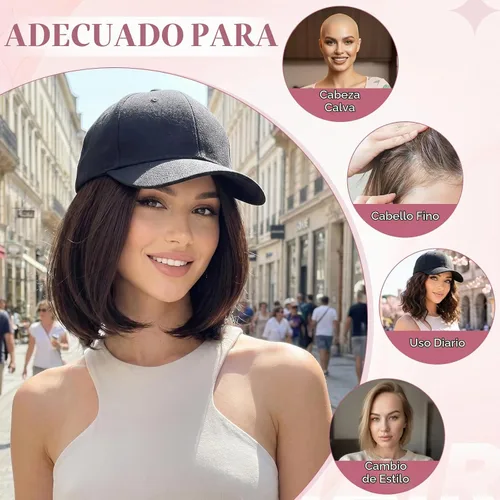 Vista 4 de SEGO - Gorra de béisbol con extensiones de cabello para mujer, resistente al calor, sintético, 6 pulgadas, ajustable, corta, recta, peluca