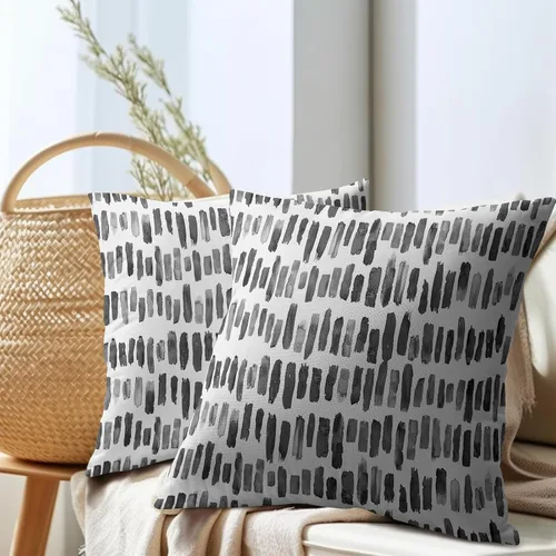 Vista 7 de Juego de 2 fundas de almohada de rayas negras para exteriores, 16 x 16 pulgadas, diseño geométrico de rayas abstractas, algodón y lino, cuadradas