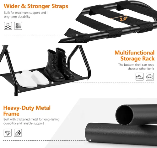 Vista 4 de Heybly Portaequipajes, paquete de 2, soporte plegable de acero para maleta con estante de almacenamiento para dormitorio, hotel, marco de acero