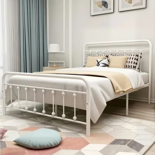 Vista 3 de Marco de cama de metal tamaño matrimonial con cabecero y estribo, sin somier, color blanco