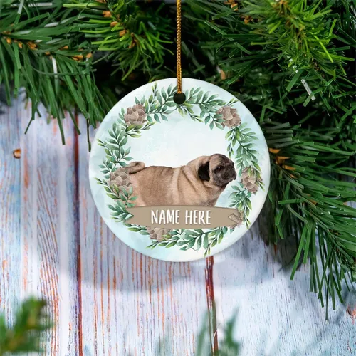 Vista 2 de Personalized Pug Standing Fawn Christmas Ornament - Custom Name Circle Ceramic Keepsake Gift for Dog Lovers