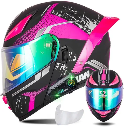 Vista 15 de Casco modular de motocicleta con Bluetooth, casco de motocicleta abatible de cara completa para hombres y mujeres con visera tintada y transparente