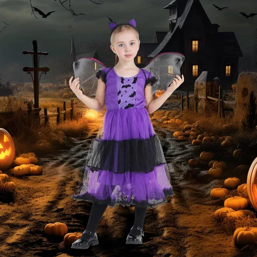 Vista 3 de EOZY Disfraz de vampiro de murciélago para niñas, ropa de Halloween para cosplay, vestido morado