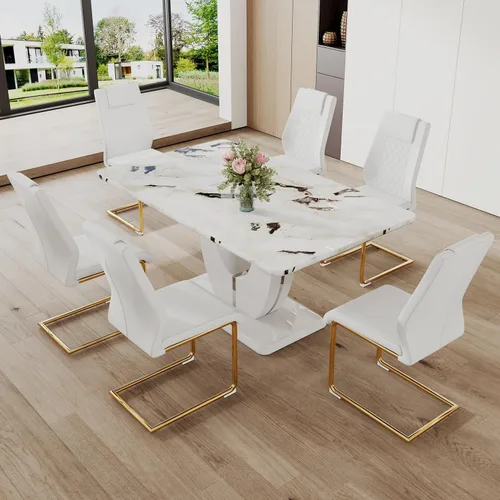 Vista 13 de JUFU Mesa de comedor de mármol sintético blanco para 6, con 6 sillas de comedor tapizadas de cuero PU