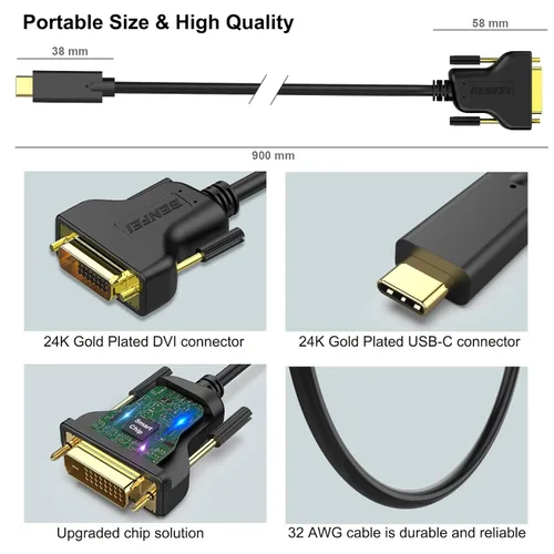 Vista 6 de BENFEI - Cable USB C a DVI, USB Tipo-C a DVI (Thunderbolt 3) compatible con MacBook Pro 2019/2018/2017, Samsung Galaxy S9/S8, Surface Book 2, Dell
