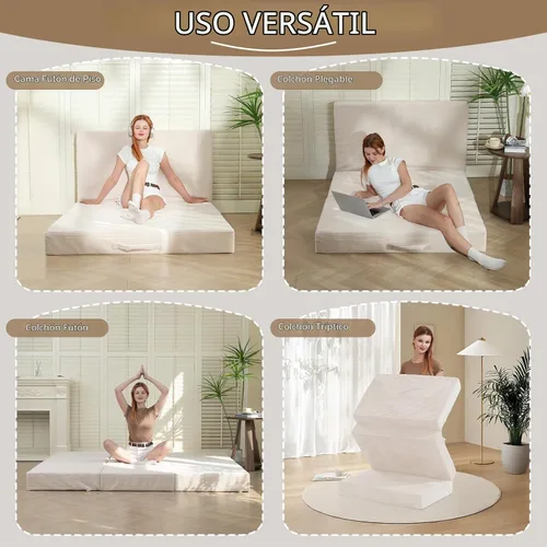 Vista 4 de Colchón de tres pliegues de 6 pulgadas, tamaño individual, sofá cama plegable con funda extraíble lavable, colchón plegable de espuma de alta Beige