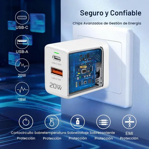 Vista 4 de Bloque de cargador USB C personalizado, 10-500 unidades, cargador compacto de 20 W de 2 puertos con enchufe plegable para iPhone serie 17/16, Galaxy
