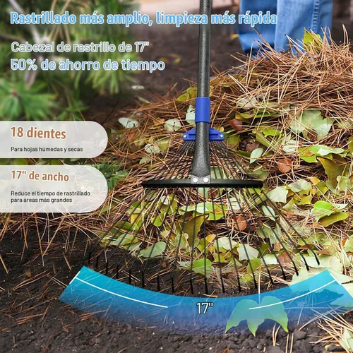 Vista 2 de Rastrillo para hojas: rastrillo de hojas de metal ajustable para césped, cabeza expandible de 8 a 17 pulgadas, mango largo de 45 pulgadas