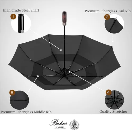Vista 5 de Balios Paraguas Plegable de Viaje con Mango de Madera Real Apertura y Cierre Automático Toldo Ventilado Resistente al Viento - Diseñado en Reino