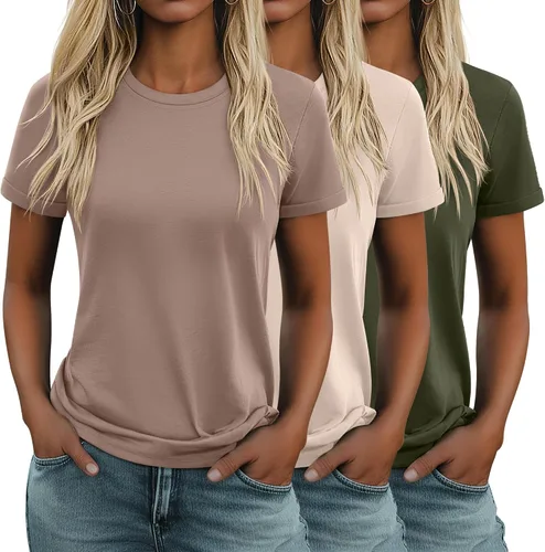 Vista 35 de Huukeay Paquete de 3 camisetas de algodón para mujer, estilo casual, de manga corta, cuello redondo, ajuste holgado, básica, lisa