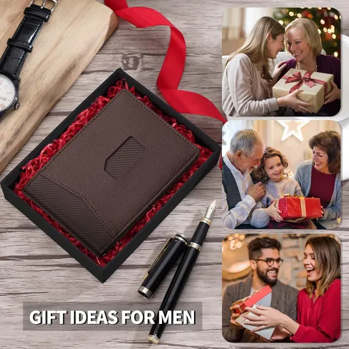 Vista 7 de SHOUCANGAR Cartera para hombre Cartera con bloqueo RFID para hombre con bolsillo frontal Carteras pequeñas con correa de efectivo (marrón)