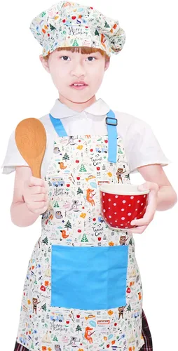 Vista 7 de Jennice House - Juego de delantal y gorro de chef para niños, lindos delantales para hornear de niños para cocinar delantales para bebés que hornean