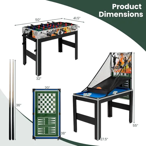 Vista 5 de GYMAX Mesa de juego múltiple de 48 pulgadas, 14 en 1 combinada con baloncesto, billar, futbolín, ping pong, hockey, shuffleboard, bolos, ajedrez