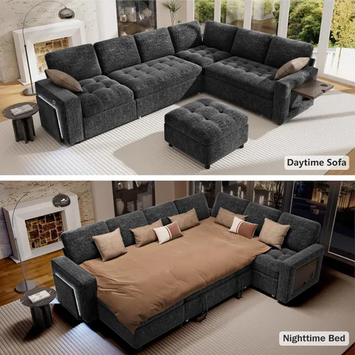 Vista 6 de Vipbear Sofá cama modular en forma de L de 7 asientos con otomana/cama extraíble/respaldo reclinable/puertos USB/mesa/luz LED/asiento de Negro