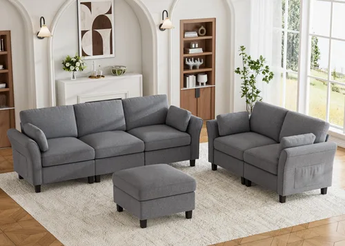 Vista 26 de Legend Vansen Sofá modular seccional, cómodo sofá modular en forma de U de 6 asientos con espacio de almacenamiento y diván, sofás seccionales Crema
