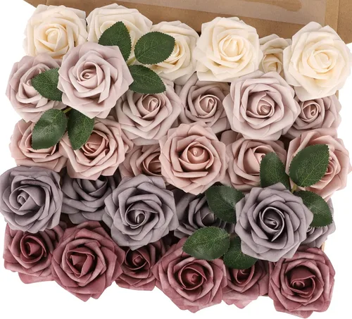 Vista 16 de MACTING 30 PCS Flores Artificiales Rosas Negras y Blancas Flores Falsas con Tallo Rosas de Espuma de Tacto Real para Boda Bola de Besos Ramillete
