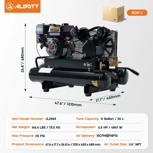 Vista 2 de Albott Compresor de aire a gas 6.5HP, tanque horizontal portátil de 8 galones, motor Loncin de 196cc, 10 CFM @ 115 PSI, compresor de bomba de pistón