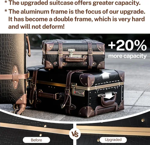 Vista 5 de urecity Juego de 2 maletas vintage, maleta retro con ruedas para hombres y mujeres, lindo juego de equipaje de viaje de diseñador con bolsa