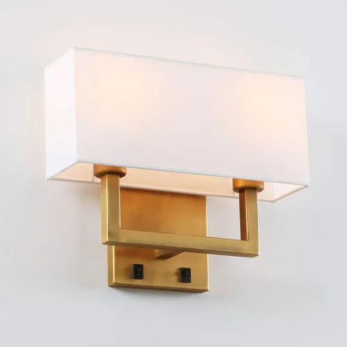 Vista 9 de PERMO Aplique de pared con acabado dorado antiguo, doble aplique con pantallas textiles blancas y botón de encendido y apagado para sala de estar