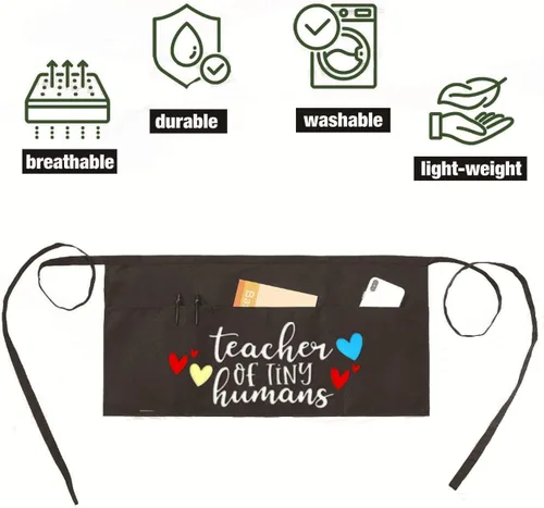 Vista 4 de Delantal de cintura para profesores con 3 bolsillos, medio delantal negro, regalo perfecto para profesores (profesor de ting humanos)