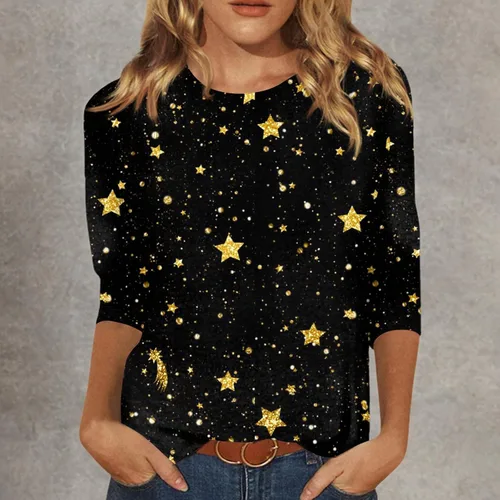 Vista 145 de Camisetas personalizadas para mujer, a la moda, casual, de séptima manga, estampada, cuello redondo, camiseta