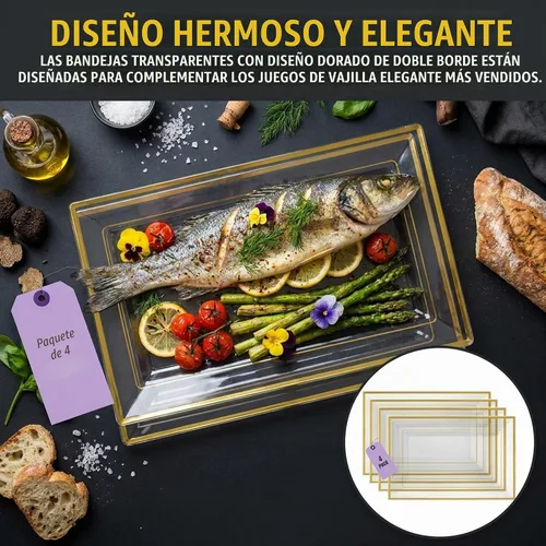 Vista 4 de Bandeja de Servir de Plástico Transparente (Paquete de 4) Bandejas y Platos Desechables Transparentes con Borde Dorado para Servir Alimentos Borde