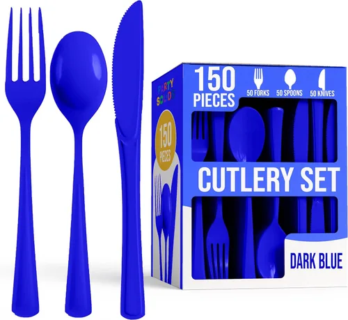 Vista 14 de Party Solids Cubiertos de plástico negro resistente, 150 piezas, cubiertos desechables negros, juegos de utensilios, 50 de cada tenedor, cuchillos