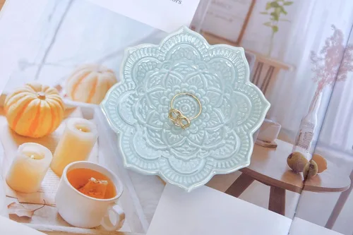 Vista 2 de PUDDING CABIN Plato para anillos de mandala azul, regalo de cumpleaños para amigas, mujeres, madres y niñas